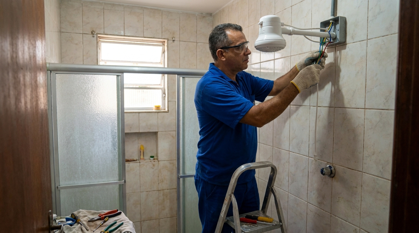 Eletricista instalando chuveiro eletrico em Gravataí‑RS